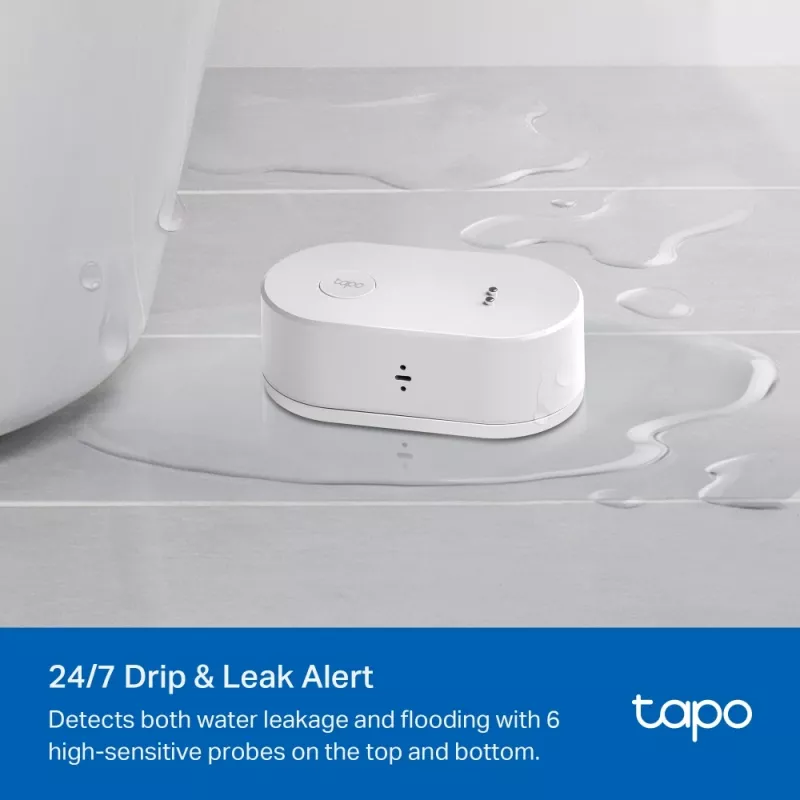 Sensor de fuga de água TP-Link Tapo T300 Wi‑Fi, alarme ajustável 90 dB, IP67, pilha (2×AAA), requer hub