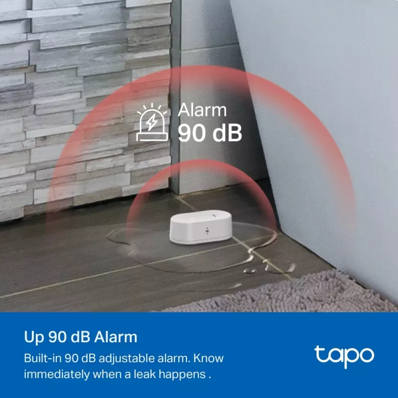 Sensor de fuga de água TP-Link Tapo T300 Wi‑Fi, alarme ajustável 90 dB, IP67, pilha (2×AAA), requer hub