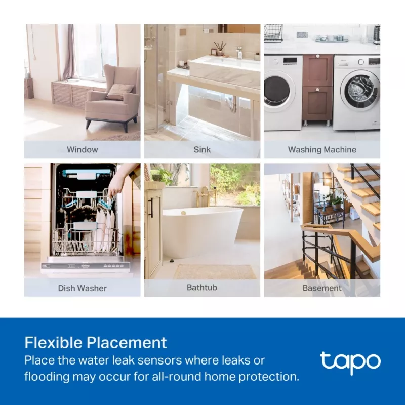 Sensor de fuga de água TP-Link Tapo T300 Wi‑Fi, alarme ajustável 90 dB, IP67, pilha (2×AAA), requer hub