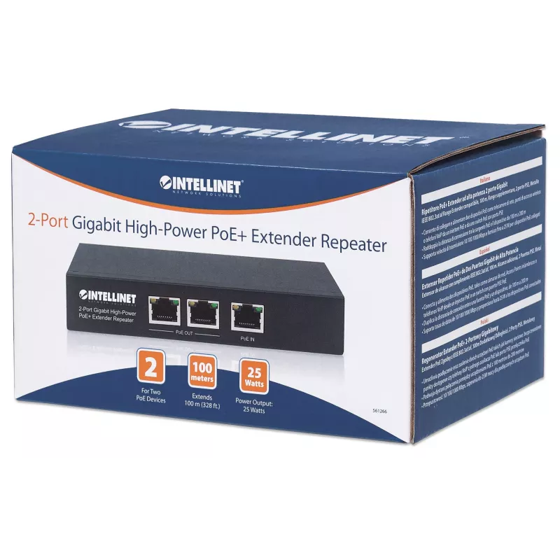Extensor repetidor PoE+ Intellinet 2 portas Gigabit High-Power, IEEE 802.3at/af Power over Ethernet (PoE+/PoE), metal