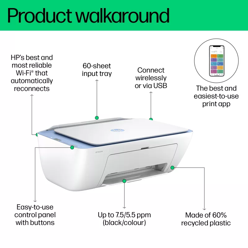 Impressora a cores 3-em-1 sem fios HP DeskJet 2822e, Instant Ink; copiadora, digitalizador