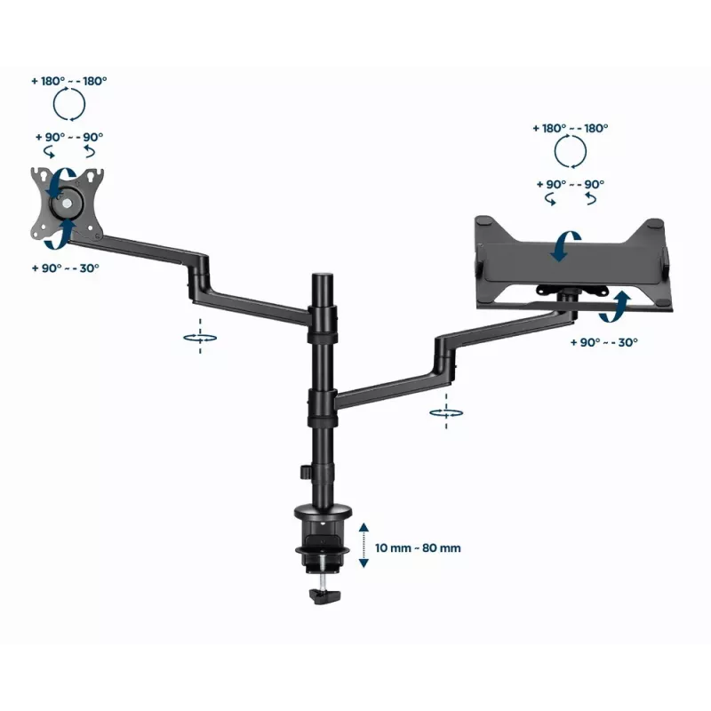 Gembird MA-DA-04 suporte de secretária ajustável com braço para monitor e tabuleiro para portátil, 17–32 polegadas