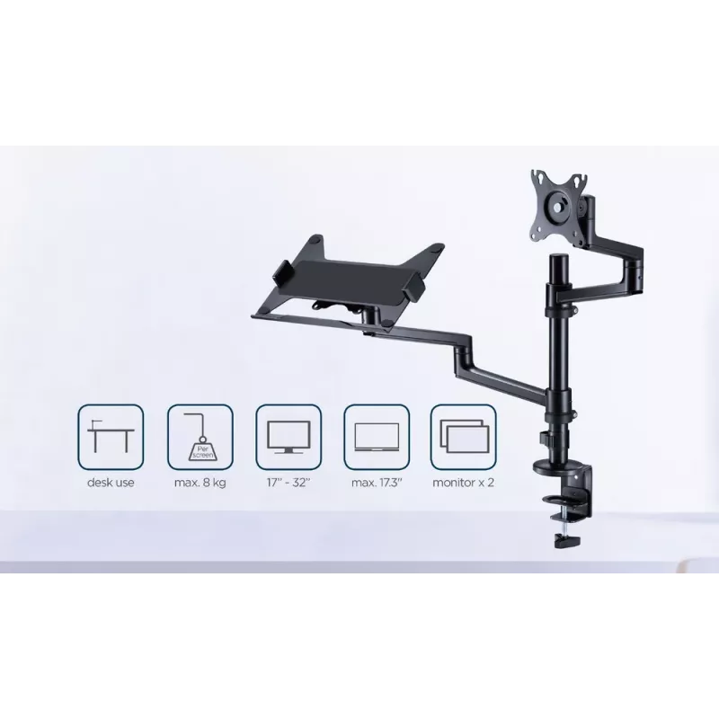 Gembird MA-DA-04 suporte de secretária ajustável com braço para monitor e tabuleiro para portátil, 17–32 polegadas