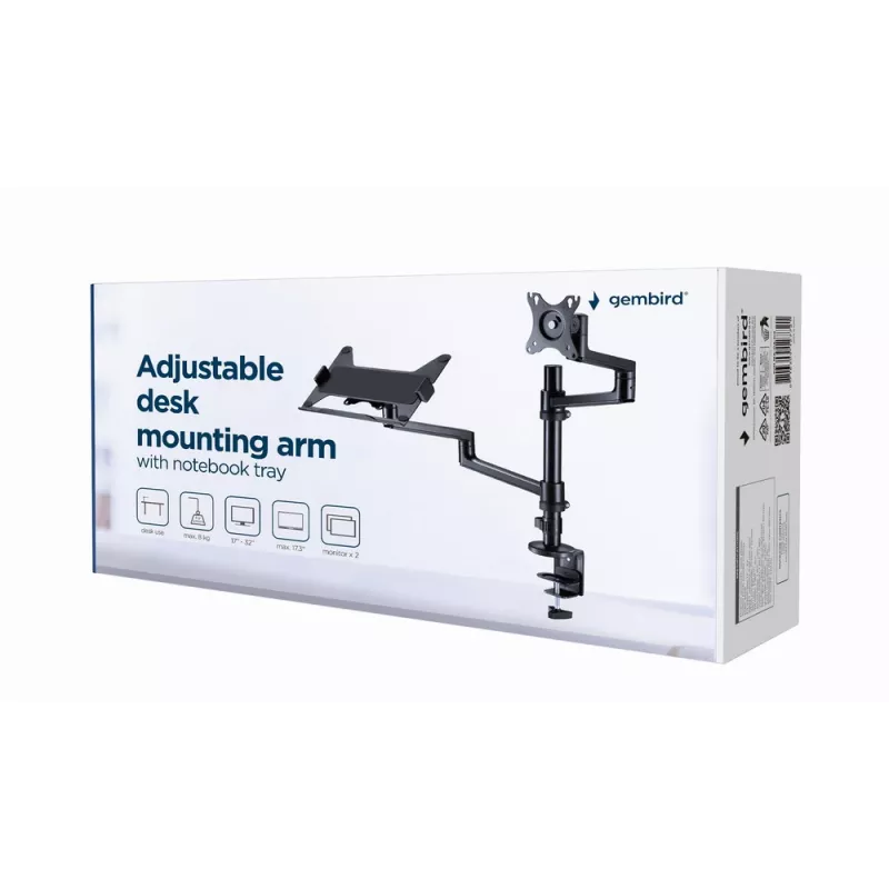 Gembird MA-DA-04 suporte de secretária ajustável com braço para monitor e tabuleiro para portátil, 17–32 polegadas