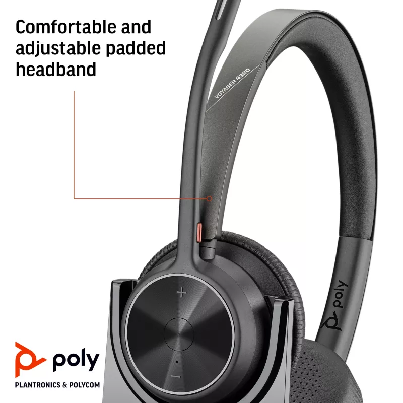 HP Poly Voyager 4320 UC headset estéreo USB-A + adaptador BT700 USB-A + estação de carregamento
