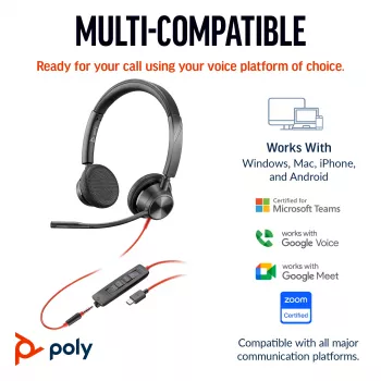 HP Poly Blackwire 3325 headset estéreo Microsoft Teams Certified USB-C + ficha 3,5mm + adaptador USB-C/A