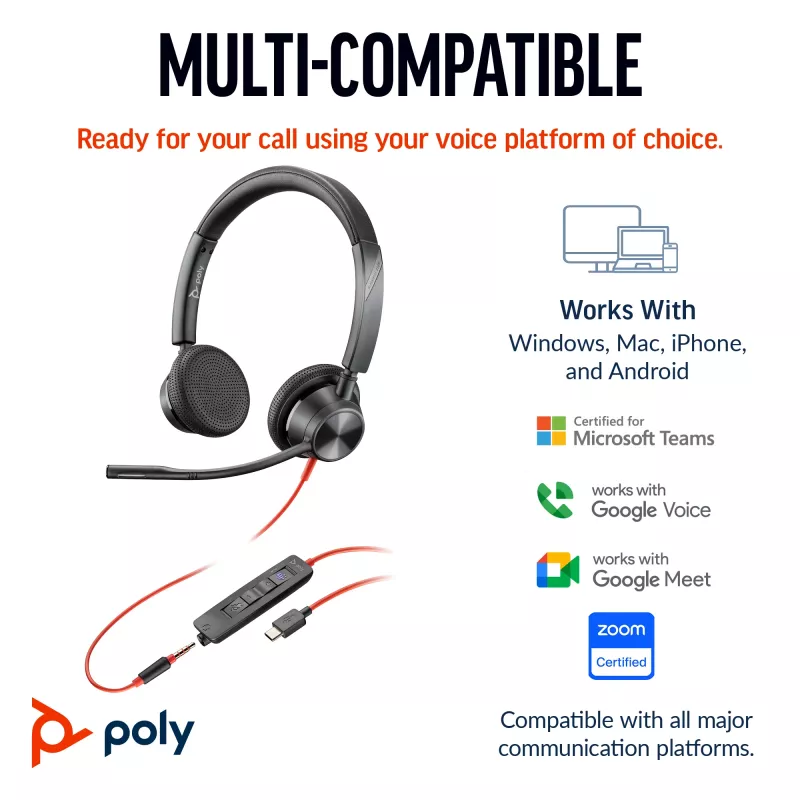 HP Poly Blackwire 3325 headset estéreo Microsoft Teams Certified USB-C + ficha 3,5mm + adaptador USB-C/A