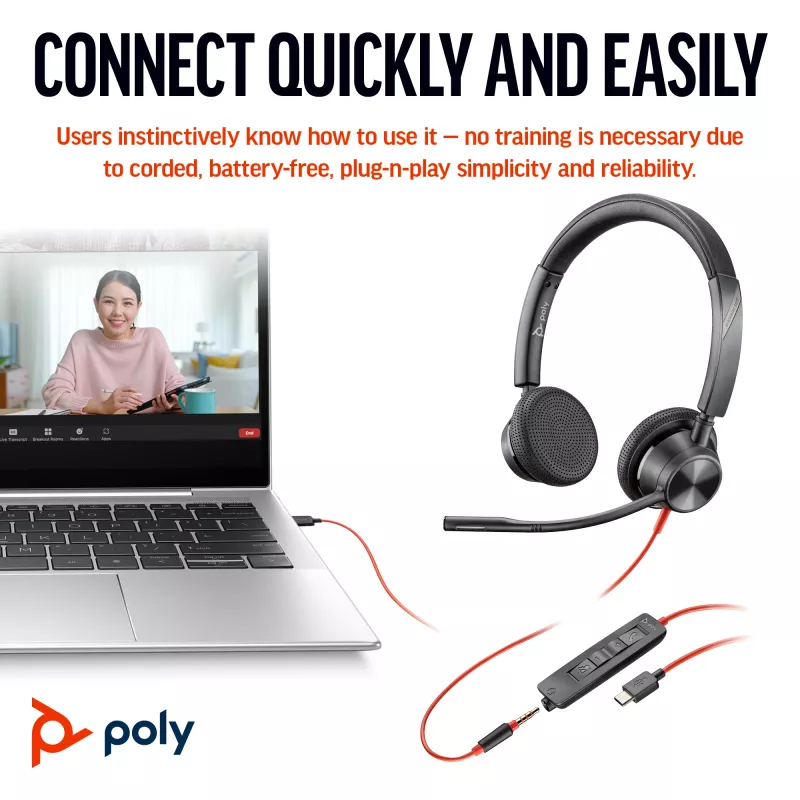 HP Poly Blackwire 3325 headset estéreo Microsoft Teams Certified USB-C + ficha 3,5mm + adaptador USB-C/A