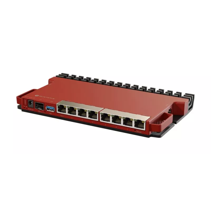 Router com fios MikroTik L009UiGS-RM — 8x RJ-45, 2,5 Gigabit Ethernet, 1x SFP, 1x USB, CPU 800 MHz, 512 MB RAM, vermelho