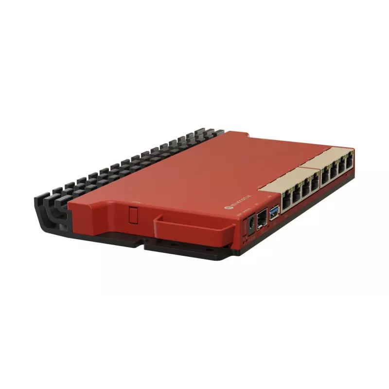 Router com fios MikroTik L009UiGS-RM — 8x RJ-45, 2,5 Gigabit Ethernet, 1x SFP, 1x USB, CPU 800 MHz, 512 MB RAM, vermelho