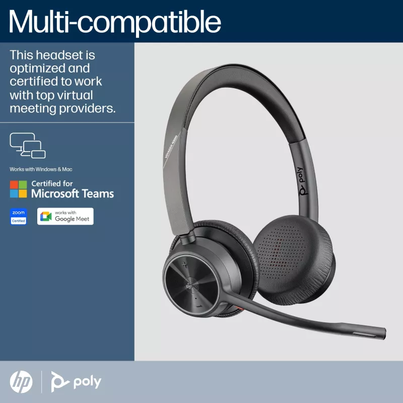 HP Poly Voyager 4320 headset Microsoft Teams certificado + dongle BT700 + estação de carregamento