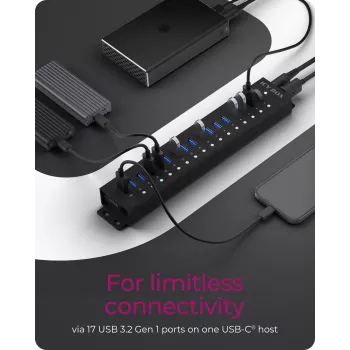 ICY BOX Hub de 17 portas com interface USB 3.2 Gen 1 Type-A, USB 3.2 Gen 1 (3.1 Gen 1) Type-A, USB 3.2 Gen 1 (3.1 Gen 1) Type-A, USB Type-B, 5000 Mbit/s, preto, China, DC
