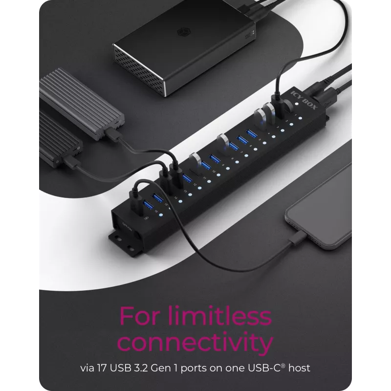 ICY BOX Hub de 17 portas com interface USB 3.2 Gen 1 Type-A, USB 3.2 Gen 1 (3.1 Gen 1) Type-A, USB 3.2 Gen 1 (3.1 Gen 1) Type-A, USB Type-B, 5000 Mbit/s, preto, China, DC