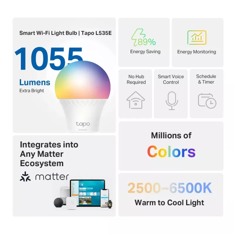 Lâmpada inteligente TP-Link Tapo, Multicolor, Matter, lâmpada inteligente, Wi-Fi/Bluetooth, Branco, 802.11b, 802.11g, Wi-Fi 4 (802.11n), WPA-PSK, WPA2-PSK, WPA3-SAE, LED