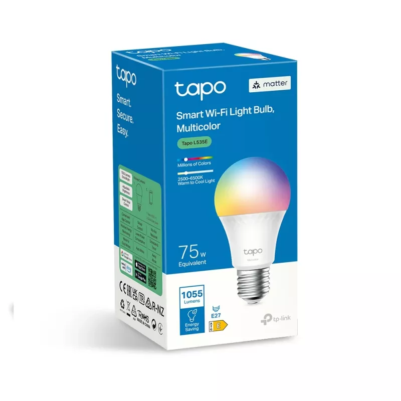 Lâmpada inteligente TP-Link Tapo, Multicolor, Matter, lâmpada inteligente, Wi-Fi/Bluetooth, Branco, 802.11b, 802.11g, Wi-Fi 4 (802.11n), WPA-PSK, WPA2-PSK, WPA3-SAE, LED