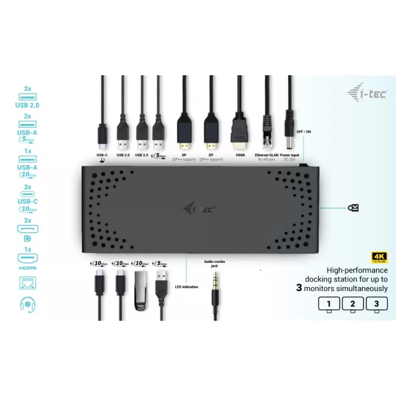 Estação de acoplamento i-tec USB-C Triple Display Gen 2 Power Delivery 100W Com fios 3.2