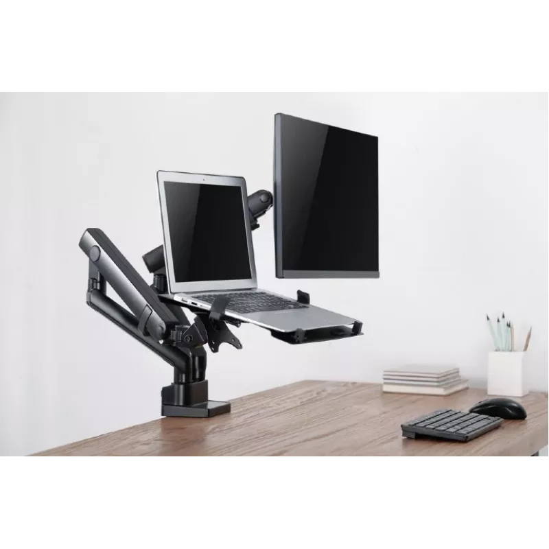 Braço de monitor ajustável GEMBIRD para montagem em secretária com prateleira para portátil (totalmente articulado)