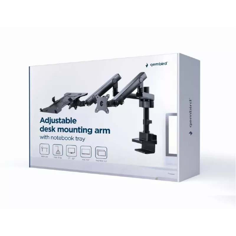 Braço de monitor ajustável GEMBIRD para montagem em secretária com prateleira para portátil (totalmente articulado)