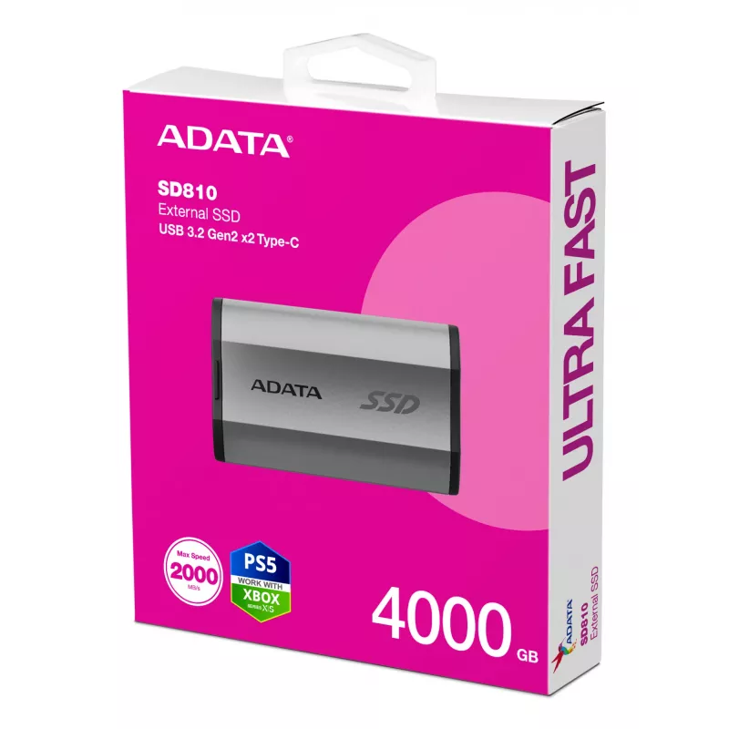 SSD portátil ADATA SD810 4 TB, USB Type-C, USB 3.2 Gen 2x2, 2000 MB/s de leitura/escrita, caixa de alumínio IP68
