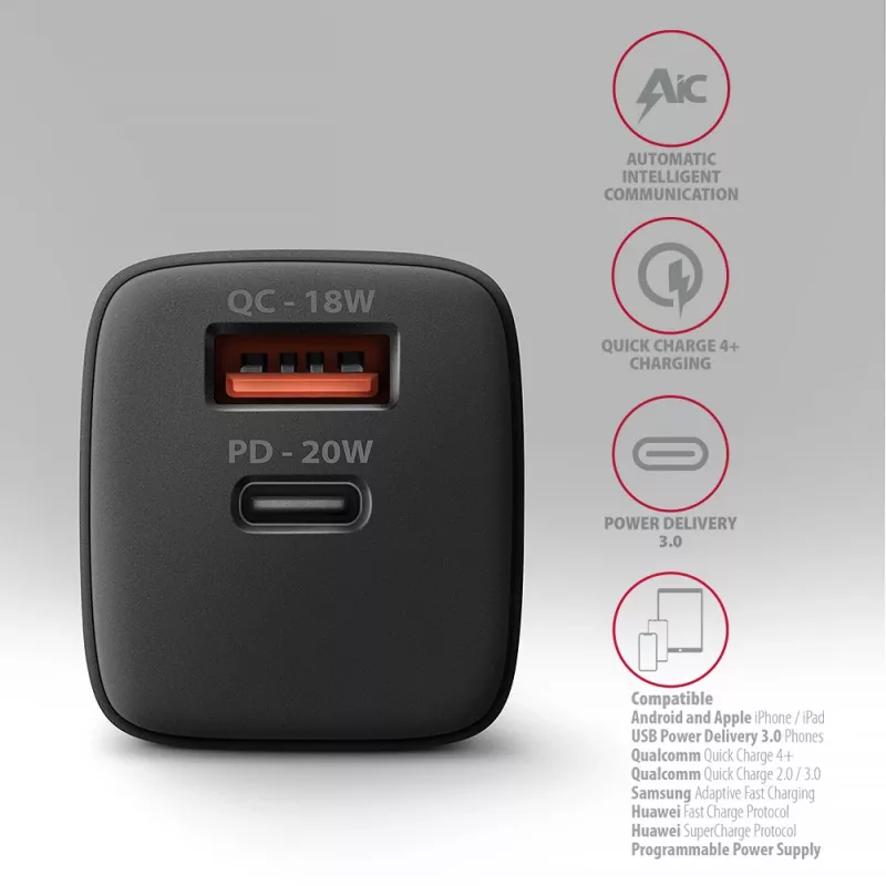 Carregador de parede Axagon ACU-PQ20 QC3.0 PD Type-C 20W Preto