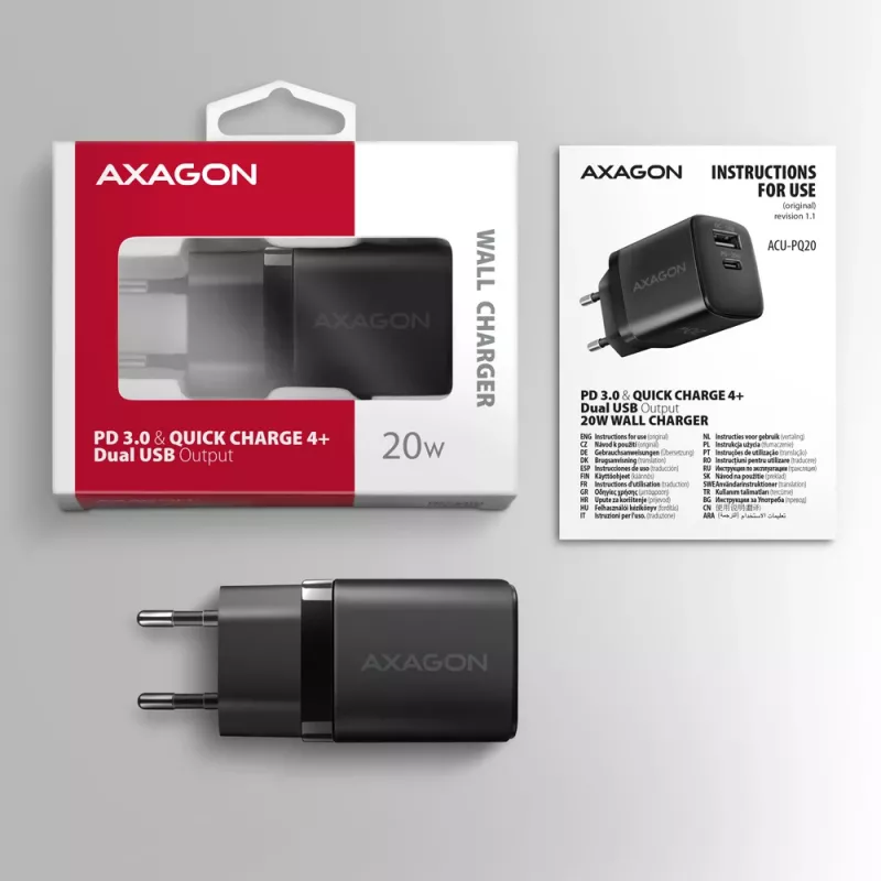 Carregador de parede Axagon ACU-PQ20 QC3.0 PD Type-C 20W Preto