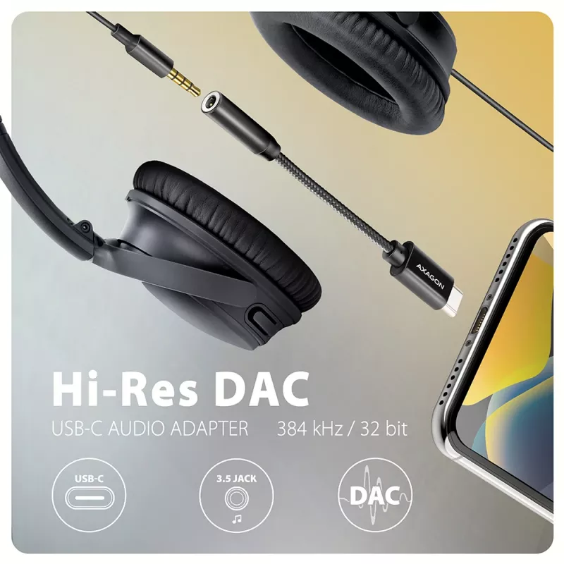 Axagon ADA-HC Adaptador de áudio USB-C para jack 3,5 mm – DAC Hi-Res, 384 kHz/32 Bit, estéreo