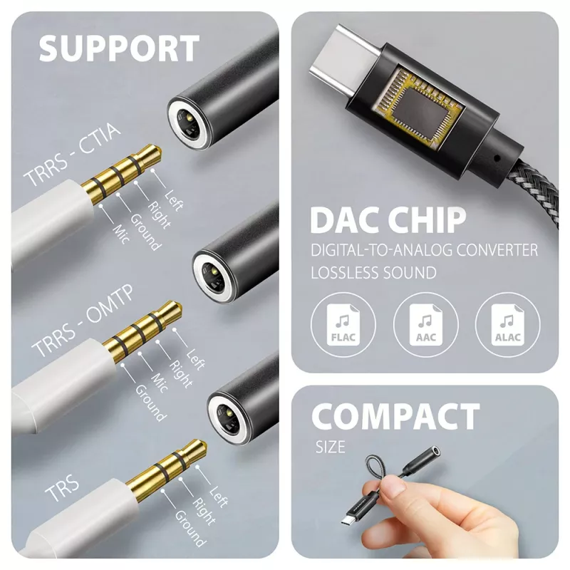 Axagon ADA-HC Adaptador de áudio USB-C para jack 3,5 mm – DAC Hi-Res, 384 kHz/32 Bit, estéreo
