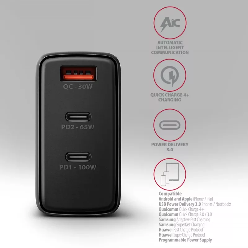 Axagon ACU-DPQ100 PD3.0 & QC 4+ Carregador de parede com TRÊS SAÍDAS 100W