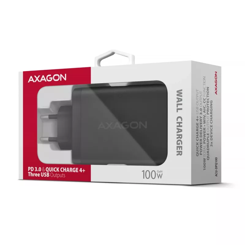 Axagon ACU-DPQ100 PD3.0 & QC 4+ Carregador de parede com TRÊS SAÍDAS 100W