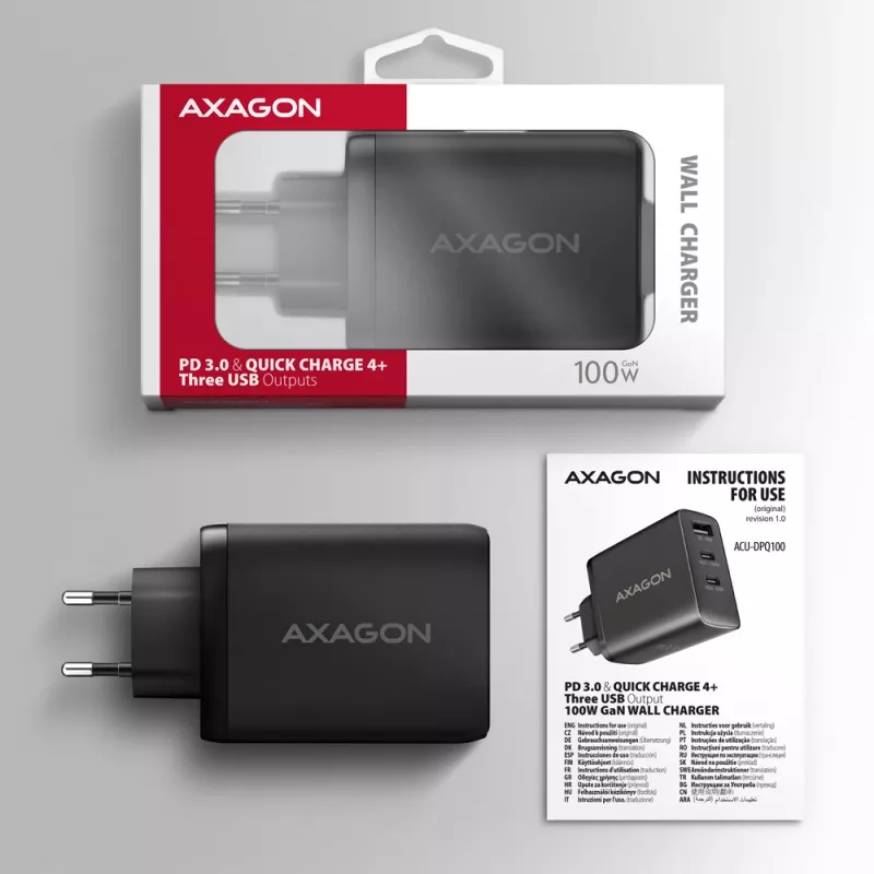 Axagon ACU-DPQ100 PD3.0 & QC 4+ Carregador de parede com TRÊS SAÍDAS 100W