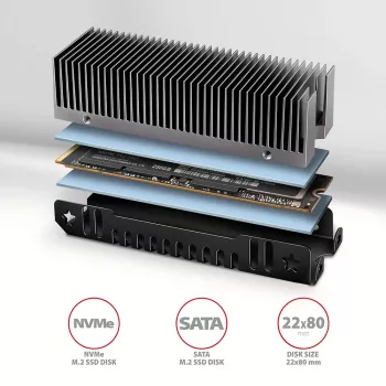 Axagon CLR-M2XT dissipador passivo de alumínio para SSD M.2 de um e dois lados tamanho 2280, altura 24 mm