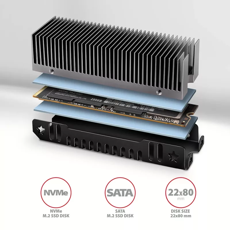 Axagon CLR-M2XT dissipador passivo de alumínio para SSD M.2 de um e dois lados tamanho 2280, altura 24 mm