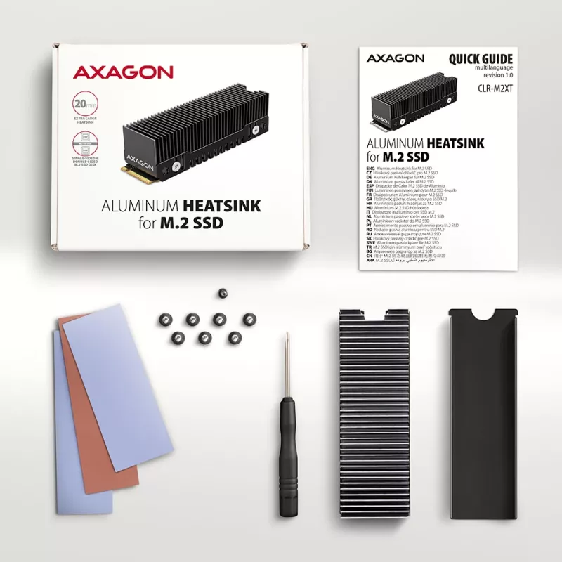 Axagon CLR-M2XT dissipador passivo de alumínio para SSD M.2 de um e dois lados tamanho 2280, altura 24 mm