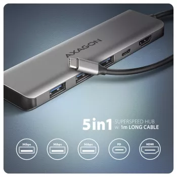 Axagon HMC-5H hub USB 5Gbps, 3x USB-A, HDMI 4K/30Hz, PD 100W, cabo USB-C 100cm