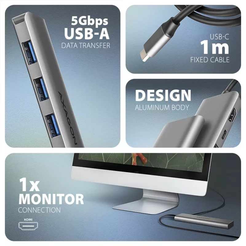 Axagon HMC-5H hub USB 5Gbps, 3x USB-A, HDMI 4K/30Hz, PD 100W, cabo USB-C 100cm