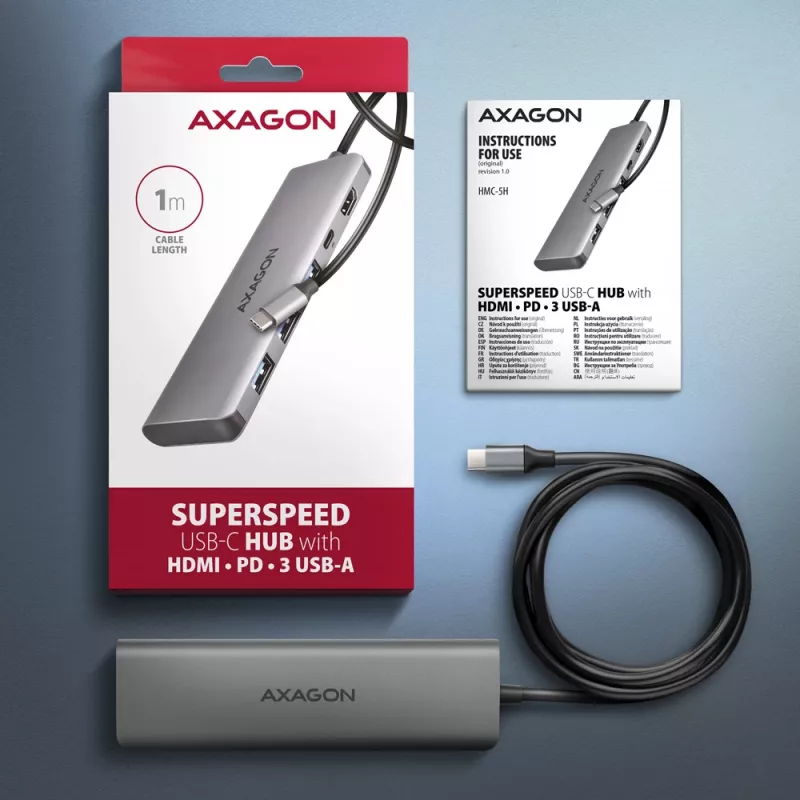 Axagon HMC-5H hub USB 5Gbps, 3x USB-A, HDMI 4K/30Hz, PD 100W, cabo USB-C 100cm