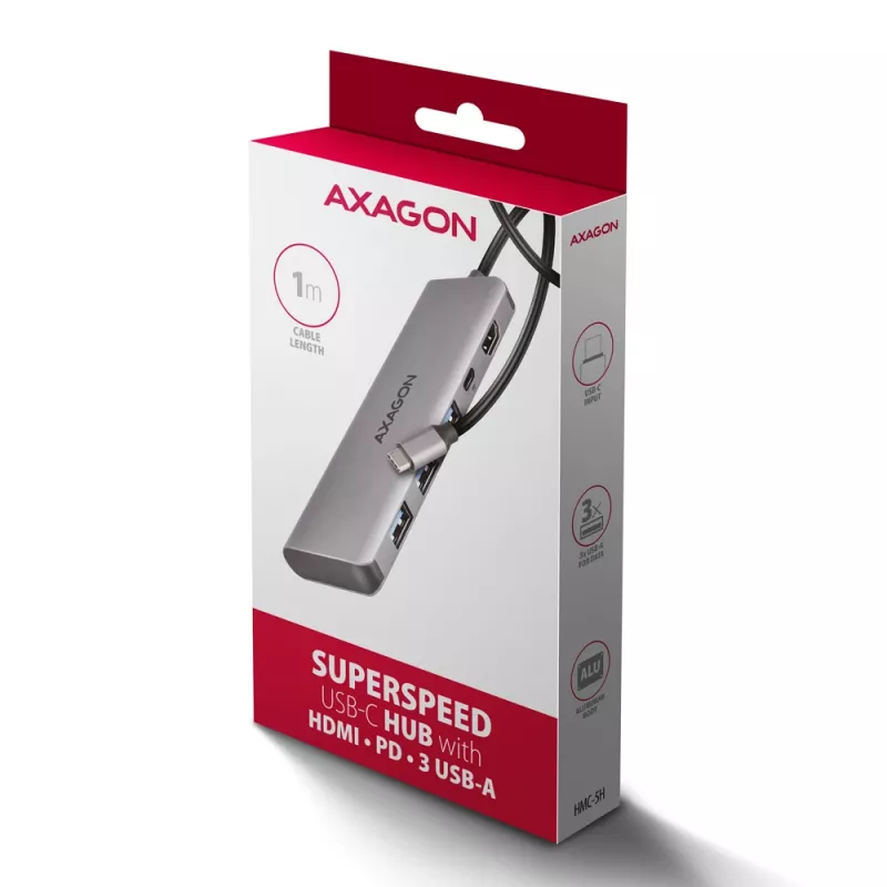 Axagon HMC-5H hub USB 5Gbps, 3x USB-A, HDMI 4K/30Hz, PD 100W, cabo USB-C 100cm