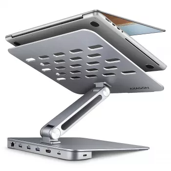 Axagon HMC-STND Hub USB-C 5Gbit/s multiportas e suporte de alumínio para portáteis. HDMI 4K/60Hz, GLAN, PD e 3 portas USB-A. Cabo USB-C 60 cm.