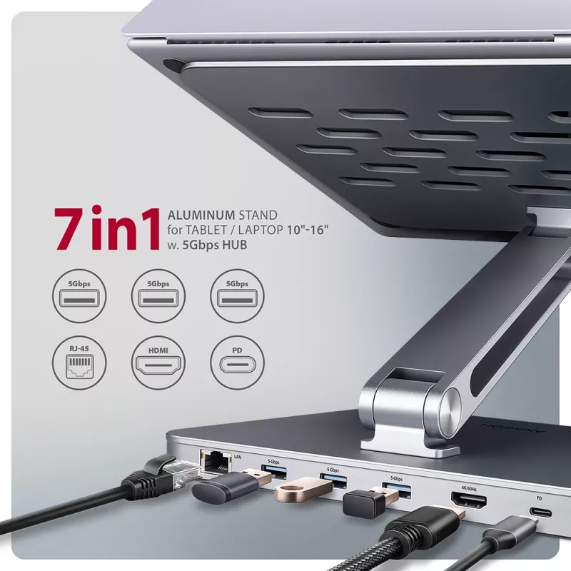 Axagon HMC-STND Hub USB-C 5Gbit/s multiportas e suporte de alumínio para portáteis. HDMI 4K/60Hz, GLAN, PD e 3 portas USB-A. Cabo USB-C 60 cm.