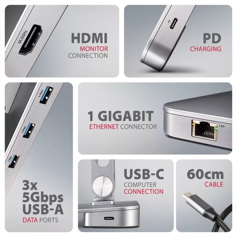 Axagon HMC-STND Hub USB-C 5Gbit/s multiportas e suporte de alumínio para portáteis. HDMI 4K/60Hz, GLAN, PD e 3 portas USB-A. Cabo USB-C 60 cm.