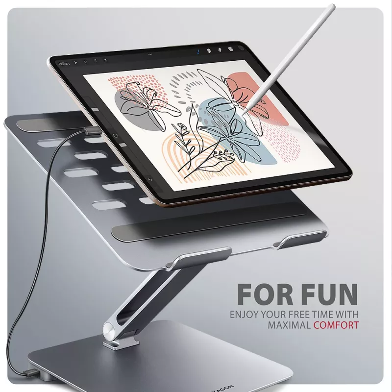 Axagon HMC-STND Hub USB-C 5Gbit/s multiportas e suporte de alumínio para portáteis. HDMI 4K/60Hz, GLAN, PD e 3 portas USB-A. Cabo USB-C 60 cm.