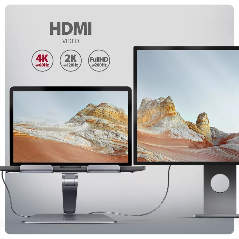 Axagon HMC-STND Hub USB-C 5Gbit/s multiportas e suporte de alumínio para portáteis. HDMI 4K/60Hz, GLAN, PD e 3 portas USB-A. Cabo USB-C 60 cm.