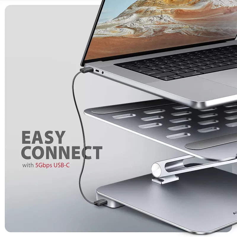 Axagon HMC-STND Hub USB-C 5Gbit/s multiportas e suporte de alumínio para portáteis. HDMI 4K/60Hz, GLAN, PD e 3 portas USB-A. Cabo USB-C 60 cm.