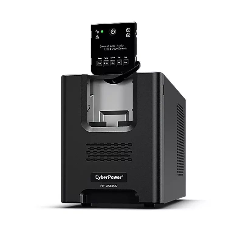 Fonte de alimentação ininterrupta CYBERPOWER PR1000ELCD — 1 kVA (900 W), Line-Interactive, onda sinusoidal pura, 8 saídas C13, LCD, bateria hot-swap