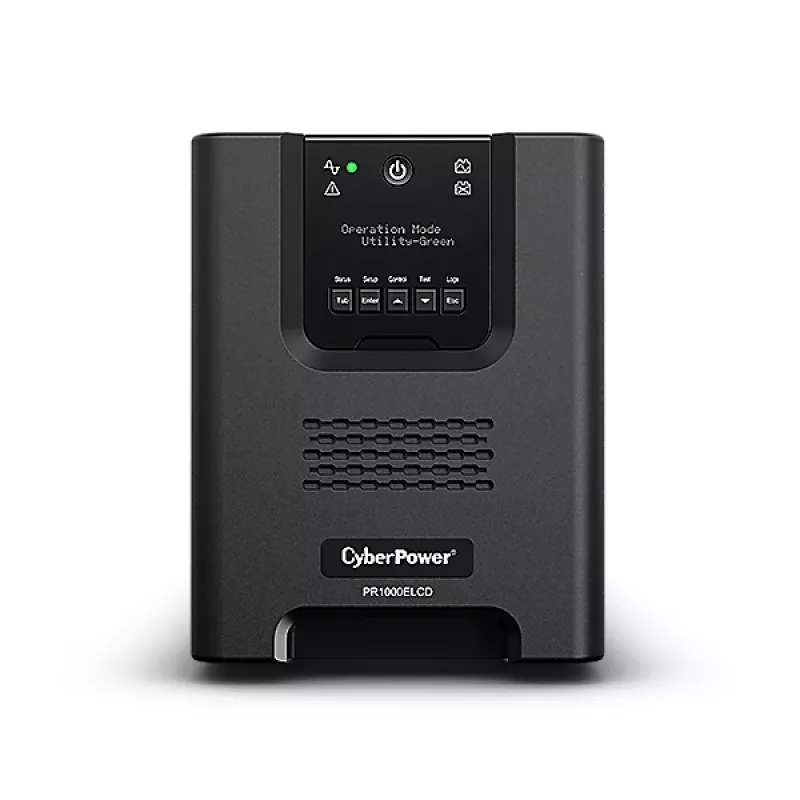 Fonte de alimentação ininterrupta CYBERPOWER PR1000ELCD — 1 kVA (900 W), Line-Interactive, onda sinusoidal pura, 8 saídas C13, LCD, bateria hot-swap