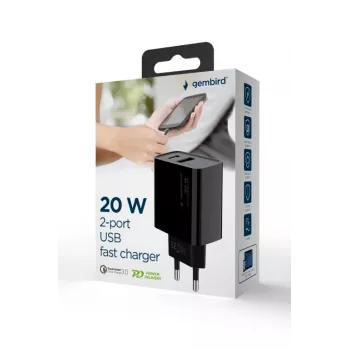 Carregador rápido USB GEMBIRD – 2 portas Type-A e C, 20 W – preto