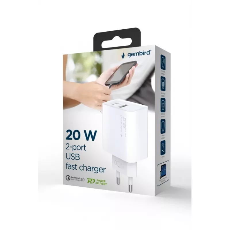 Carregador rápido USB GEMBIRD – Type-A e C 2 portas 20 W – branco