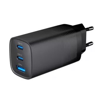 Carregador rápido USB GEMBIRD – Type-A e C 3 portas 65 W, QC 3.0 e PowerDelivery, GaN – preto