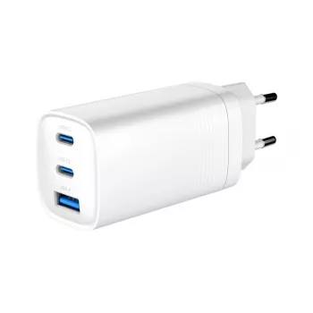Carregador rápido USB GEMBIRD – Type-A e C, 3 portas, 65 W, QC 3.0 e PowerDelivery, GaN – branco