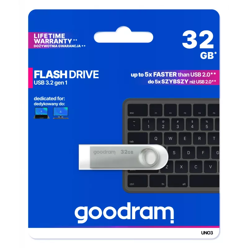 Pen USB GOODRAM UNO3-0320S0R11 32 GB, USB Type-A, USB 3.2 Gen 1, metal, sem tampa, prateado
